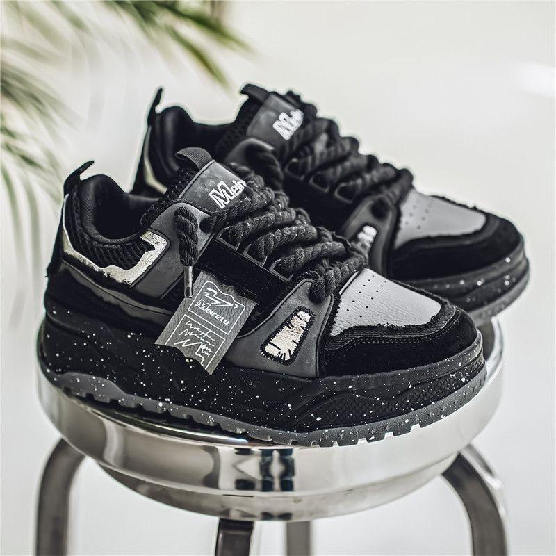 Men's 2025 Black Microfiber Skate Shoes - Versatile Thick Sole for Added Height, Soft and Stylish for Couples