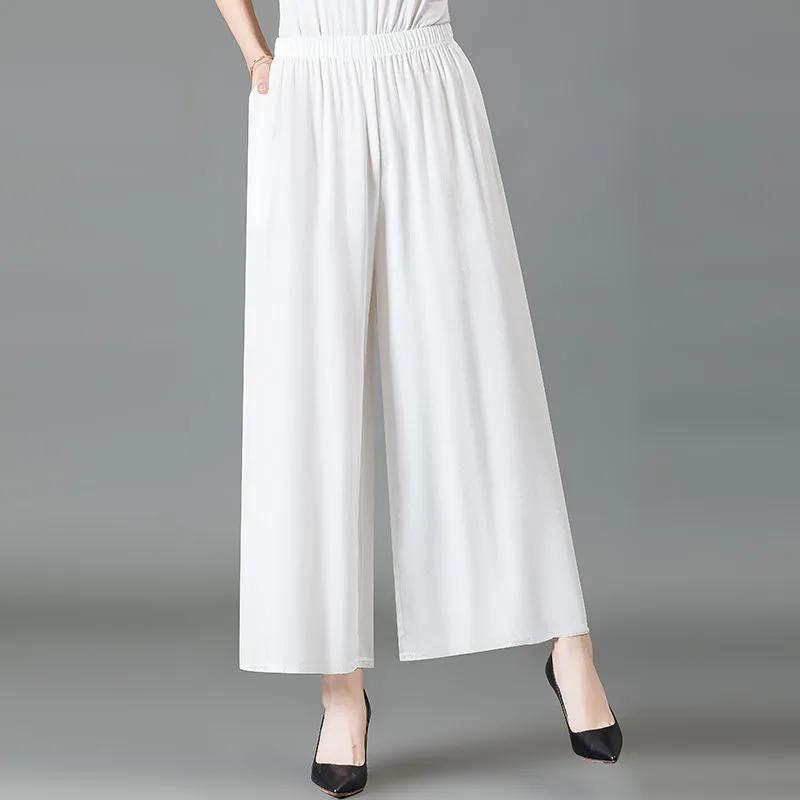 WTEMPO Women's Spring Summer Ice Silk Solid Color Wide Leg Pants Elastic High Waist Thin Mother's Loose Cropped Pants