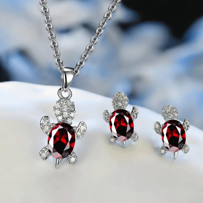 3pcs Silver-plated Necklace Earrings Set Ladies Light Luxury Fashion Style Turtle Shape with Multi Color Glass Diamond
