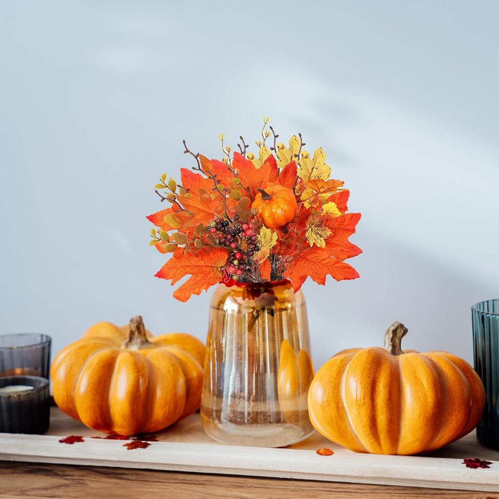 BEIJIALY 6Pcs Fall Floral Picks, Thanksgiving Table Flower Decor Fall Maple Leaves Branches with Pumpkins Berries Decor Fall Silk Leaves Branches for