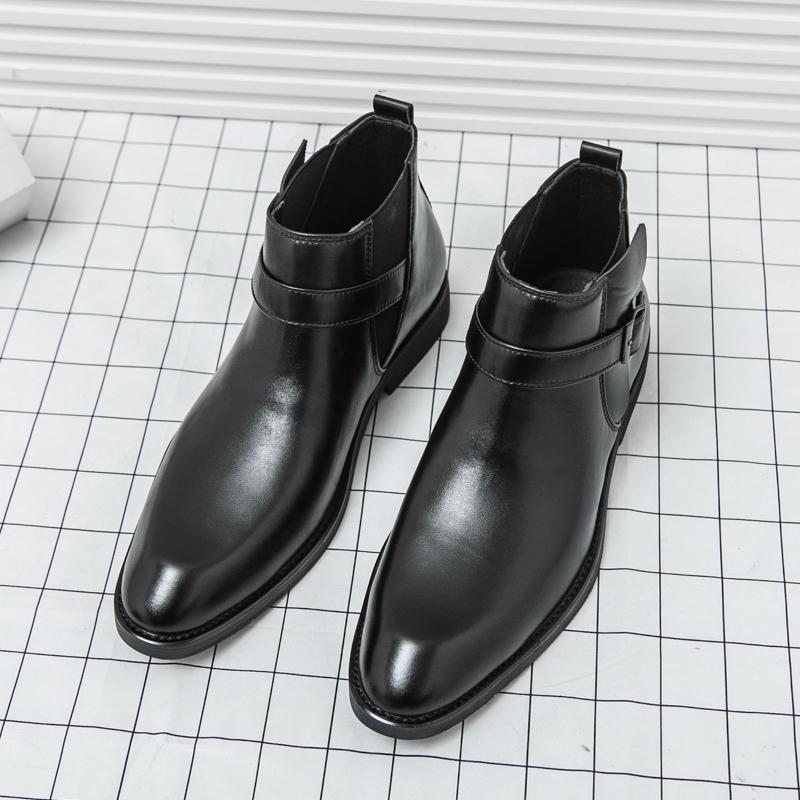 Men s Large Size Trendy Pointed Toe High-Top Chelsea Leather Boots 42 чёрный