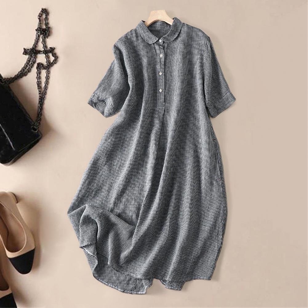 Summer Lady Dress Turn-down Collar Short Sleeves Buttons A-line Flowy Hem Retro Printed Casual Loose Midi Dress