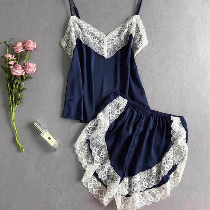 Pajama set, women's ice silk thin style with chest pad suspender shorts, two new lace can be worn outside loungewear