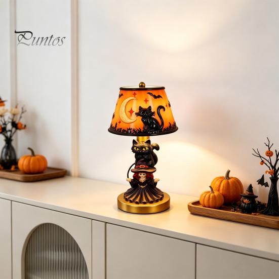 Non Dazzling Bedroom Lamp Halloween Vintage Table Lamp, Retro Resin Pumpkin Skeleton Black Cat Decorative Figurine Night Light, Gothic Bedside