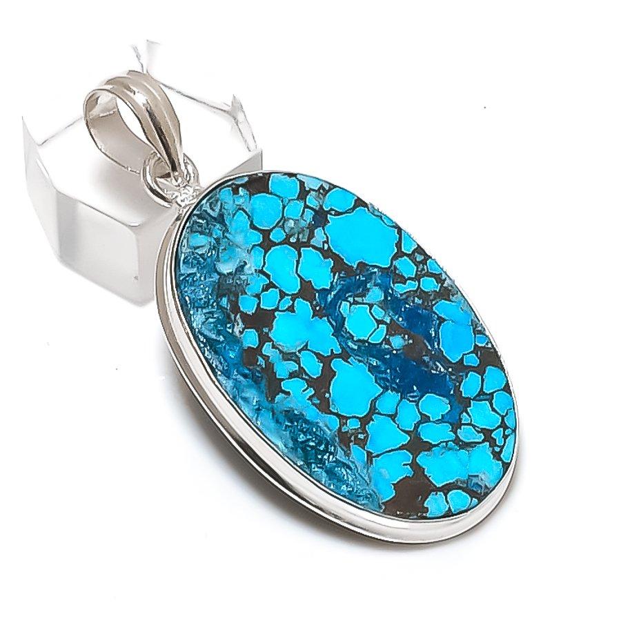 Tibetan Turquoise Gemstone Handmade 925 Sterling Silver Pendant 2.13" Y8f64