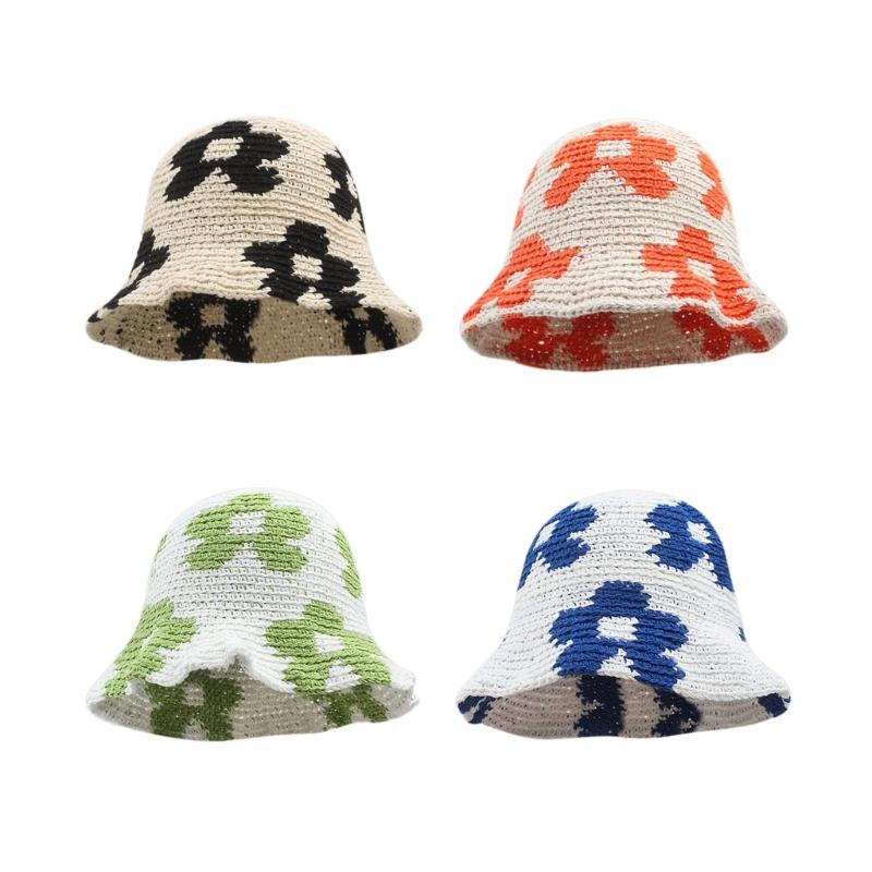 Spring Fisherman Hat for Woman Weaving Bucket Hat Crochet Flower Wide Brims Hat