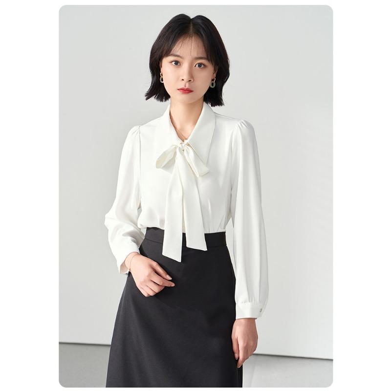 Spring and Autumn White Long Sleeve Chiffon Bow Shirt Women's Professional Formal Inner Top