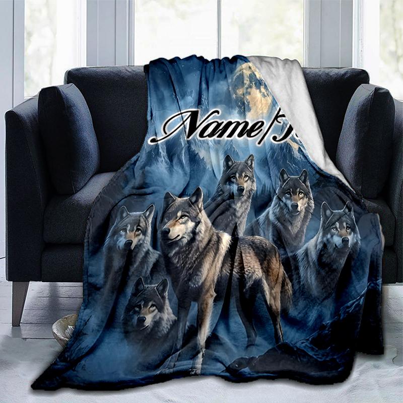 1PC Custom Name Wolf Pack Moonlight outdooor Flannel blankets Throw Blanket All-Season Throw Gift Bedspread for Couch, Bed, Camping Holiday Birthday g