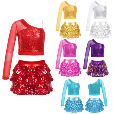 Traje de Escenario para Niña Manga Larga Un Hombro Lentejuelas Crop Top con Shorts con Falda de Volantes por Capas para Baile de Animación