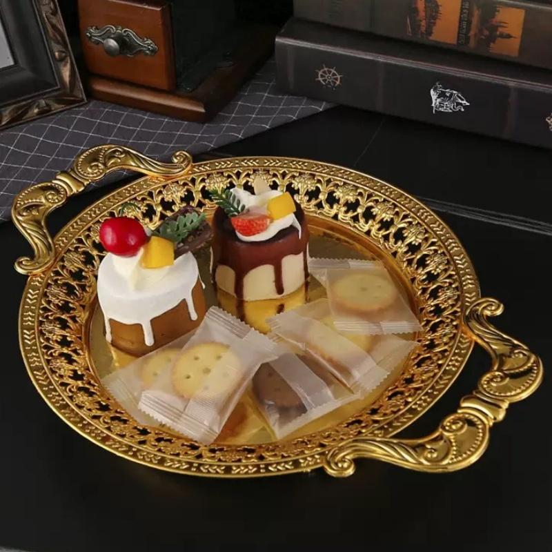 European Vintage Fruit Plate, Alloy Household Round Hollow Lace Plate, Gold Snack Hotel Dinner Plate, Home Table Decoration