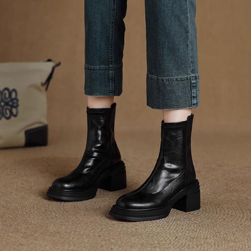 Women's Thick Heel Cotton Boots Winter New Round Head Back Zipper Leather Soft Soled Non-slip Mid-calf Boots