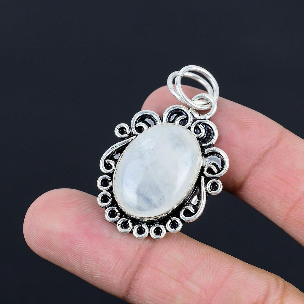 Sterling Silver Natural Rainbow Moonstone Wedding Engagement Handcrafted Pendant