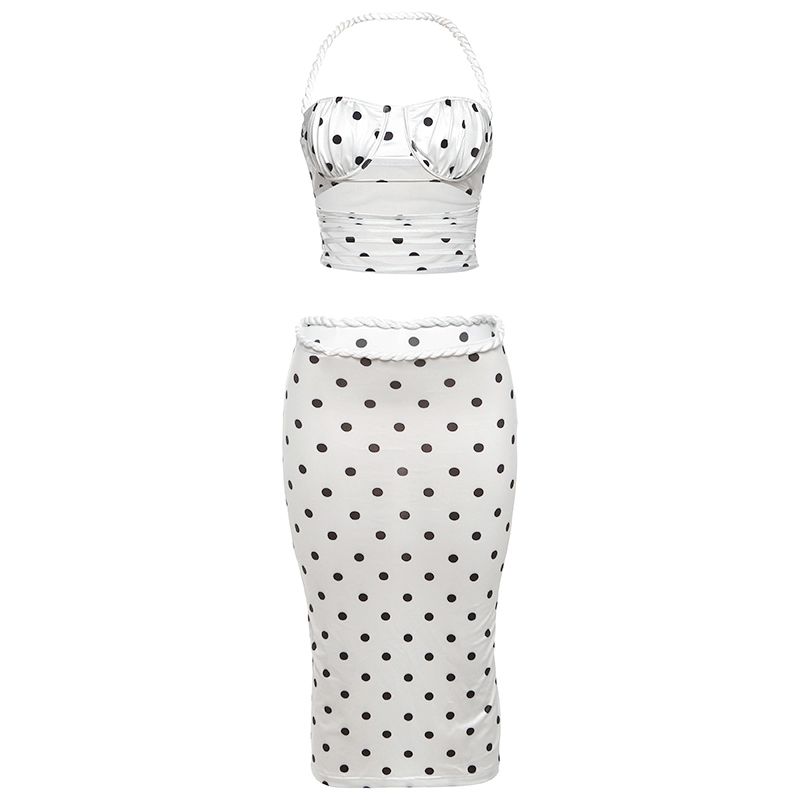 

# Sisjuly# European and American Sweet Cool Girl Polka Dot Bandage Hollow out Halter Top Braid Rope Decoration Long dress Set White S