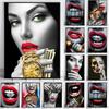 Sexy Woman Red Lips Burning Dollars Money Posters Canvas Painting Luxury Watch Fashion Wall Art Living Room Home Decor