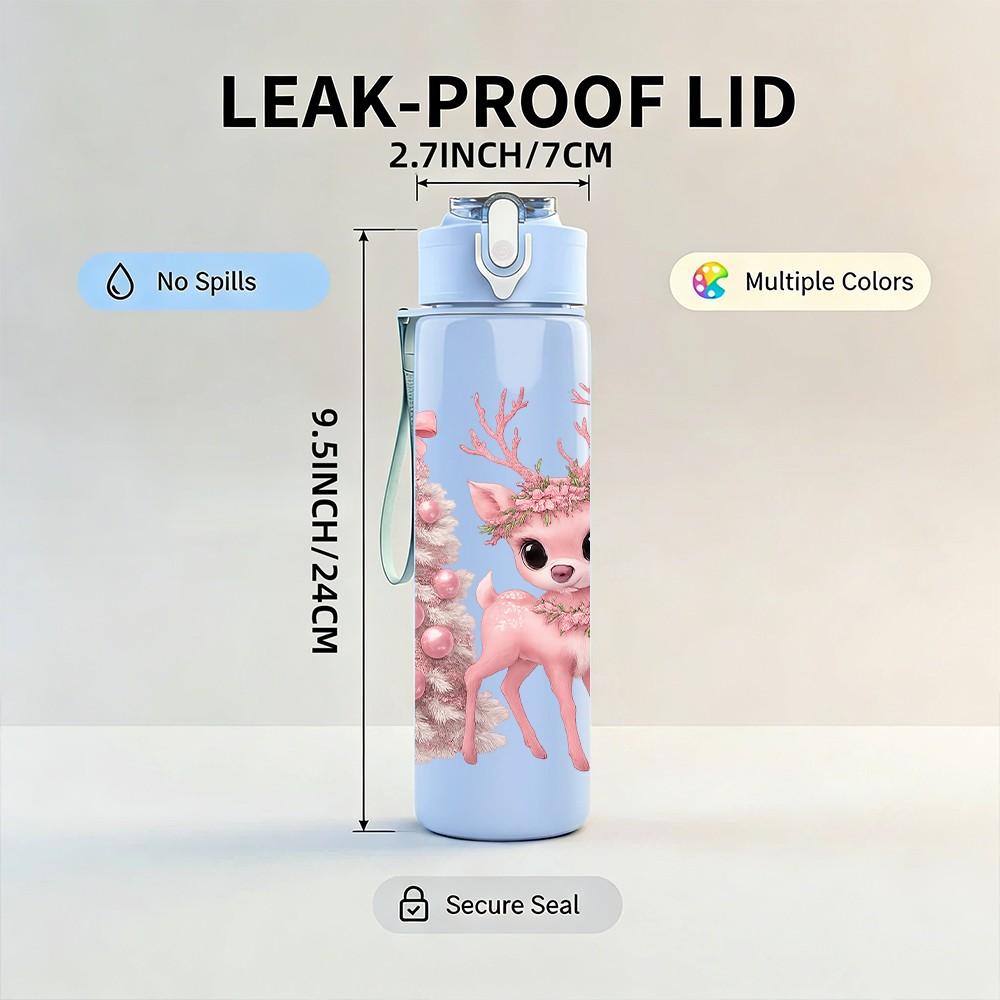 1PC Floral Reindeer Christmas Print 750ml Color Plastic Sports Water Bottle Leakproof Flip Straw Lid Suitable for Sports Office Home Use