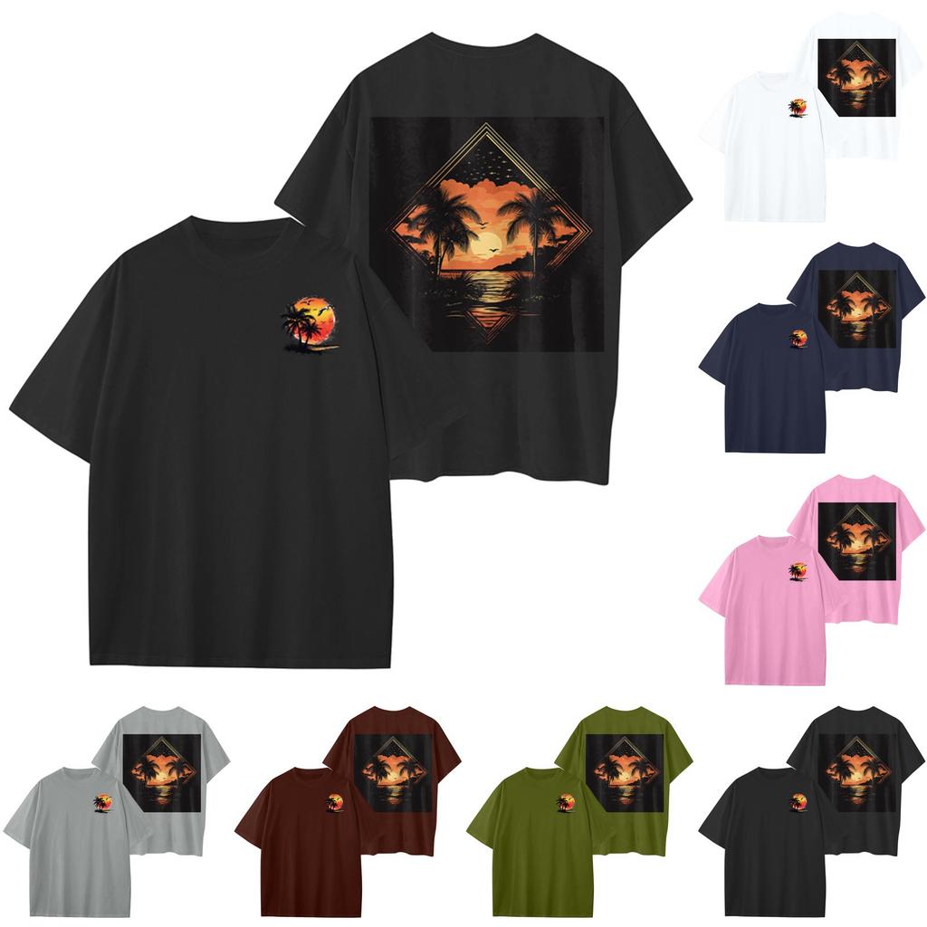 Women's Round Neck Fashionable Loose Hawaiian Print Short Sleeves