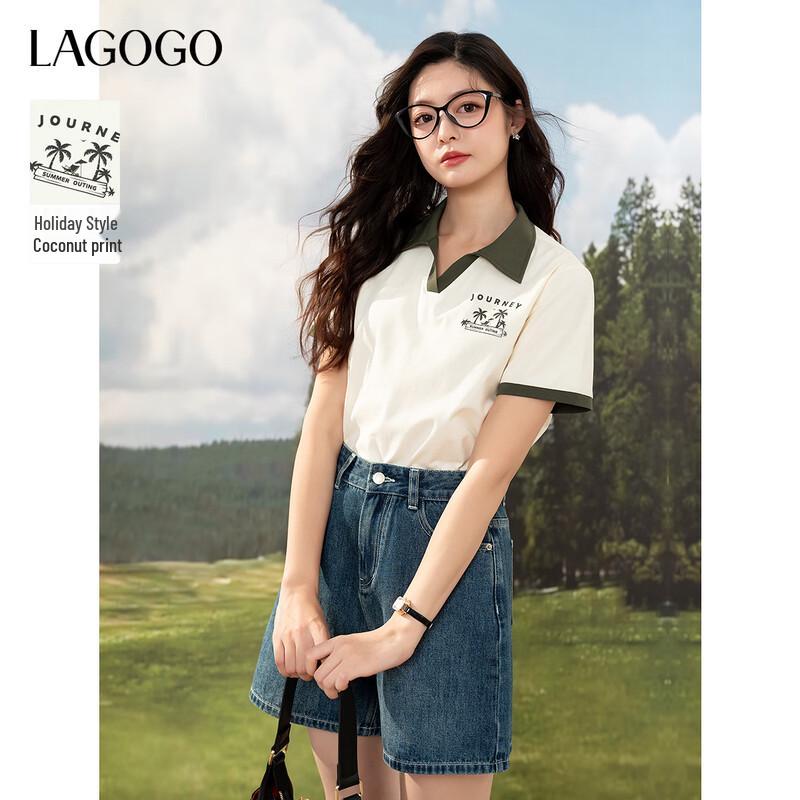 LAGOGO Women s Color-block Print Lapel T-shirt L