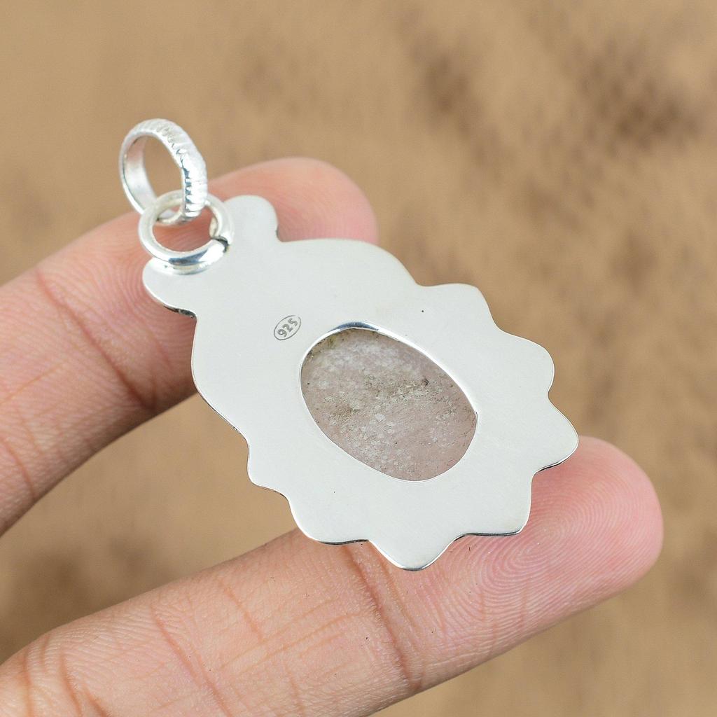 Natural Rose Quartz Gemstone Pendant Handmade 925 Sterling Silver Indian Jewelry