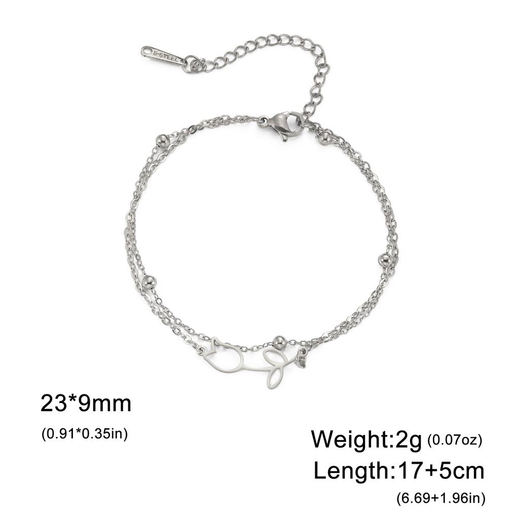 Cazador Tulip Flower Bracelet for Women Kpop Stainless Steel Double Layers Beads Chain Bracelets Jewelry Birthday Gift New