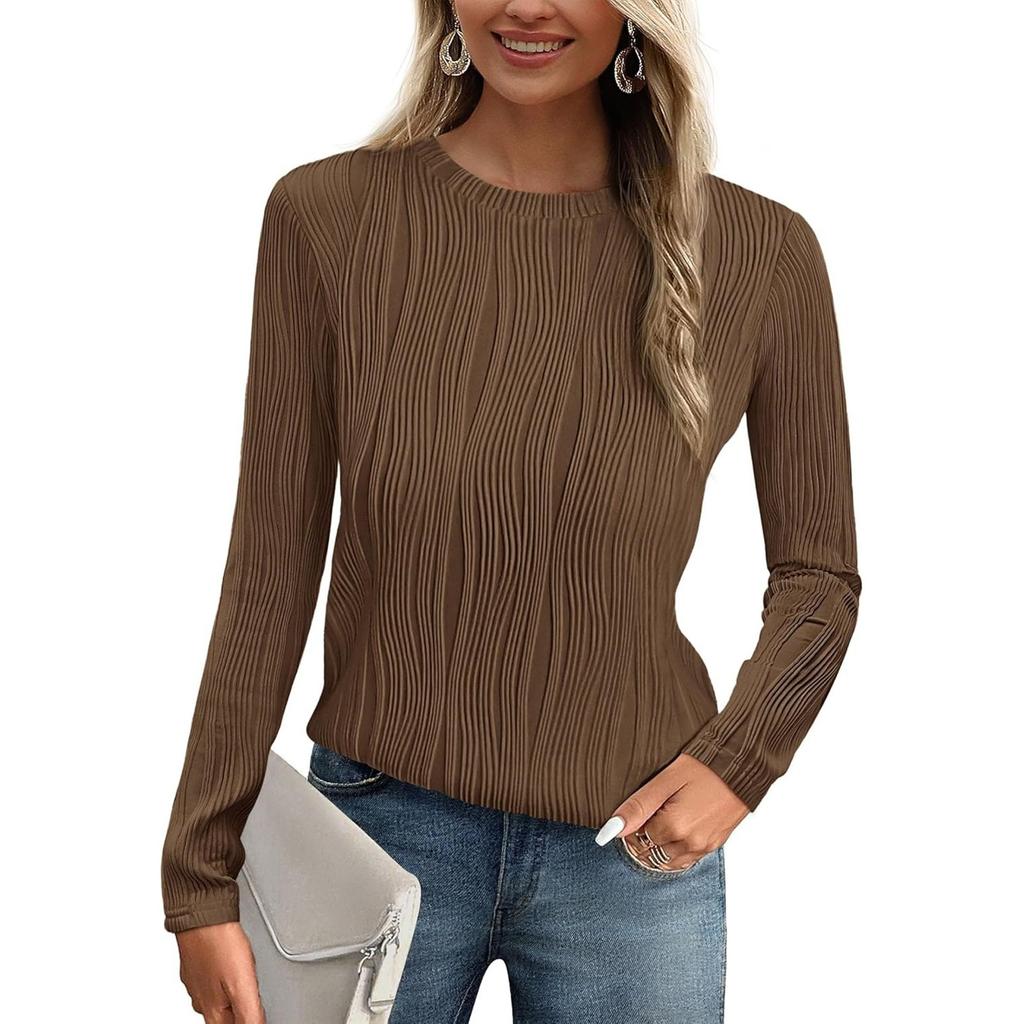 Women's Fashion Round Neck Long Sleeve T-Shirt Solid Color Textured Bottom Top