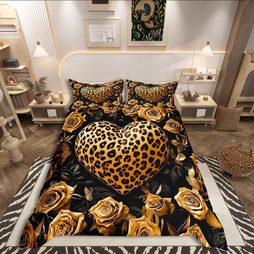 Homewish Animal Print Duvet Cover Set,Woodland Wildlife for Teens Bedding Set,Flower Love Heart Decor
