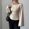 Women Long Sleeve Peplum Top Waist Cinched Flared Sleeve Crew Neck Casual Streetwear Blouse Fashion Basic Tunic Shirt