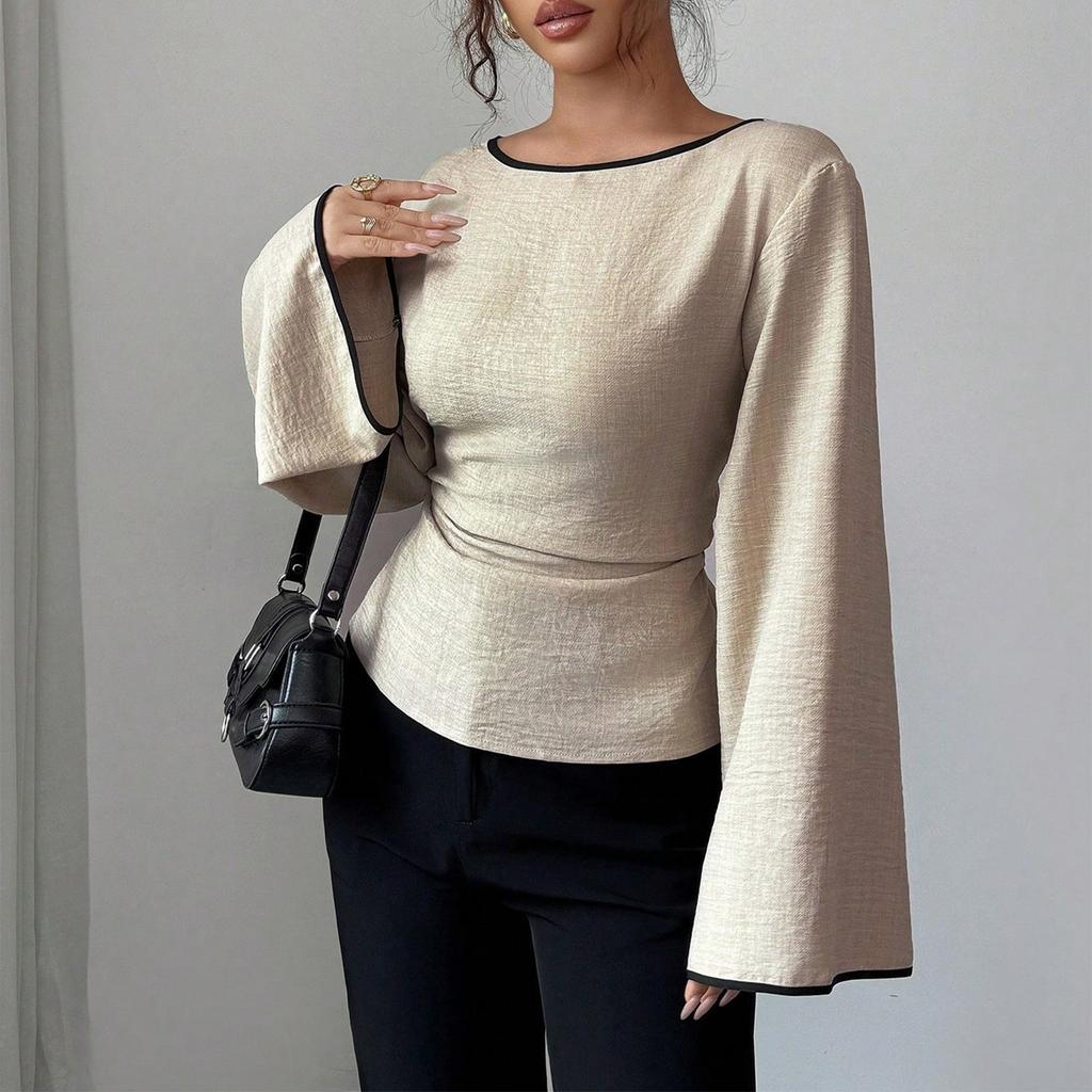 Women Long Sleeve Peplum Top Waist Cinched Flared Sleeve Crew Neck Casual Streetwear Blouse Fashion Basic Tunic Shirt
