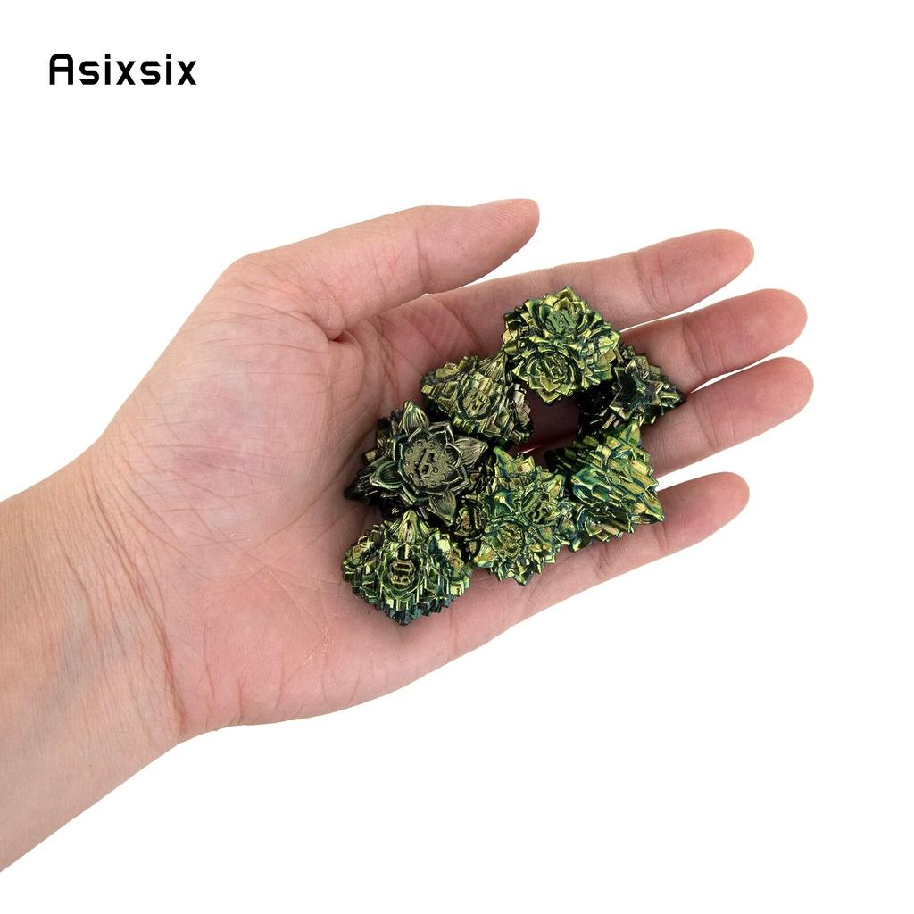 7 Stück grün-gelbe Lotusblüten-Metallwürfel aus massivem Metall, polyedrisches Würfelset, geeignet für Rollenspiele, RPG-Brettspiele, Kartenspiele