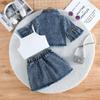 Toddler 3PCS Denim Outfit, Floral Decorated Flare Sleeve Jacket, Tank Top and Skirt
