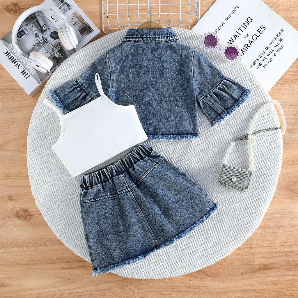 Toddler 3PCS Denim Outfit, Floral Decorated Flare Sleeve Jacket, Tank Top and Skirt