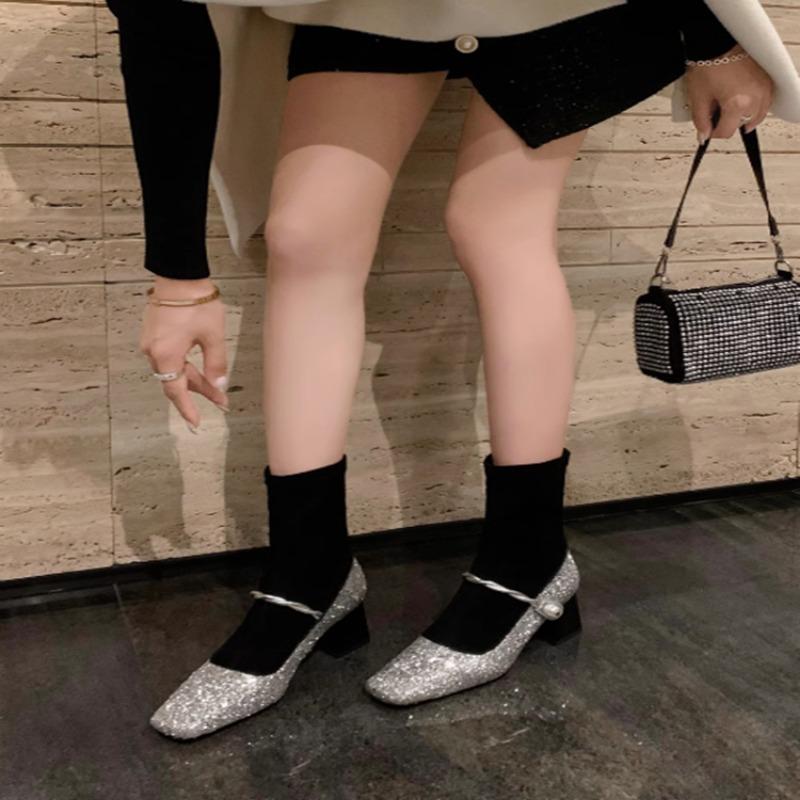 Fashion Women's Chunky Single Shoes Fall New Square Head Shallow Mouth Sequin Cloth One Line Buckle Soft Sole Non-slip Low Top Shoes