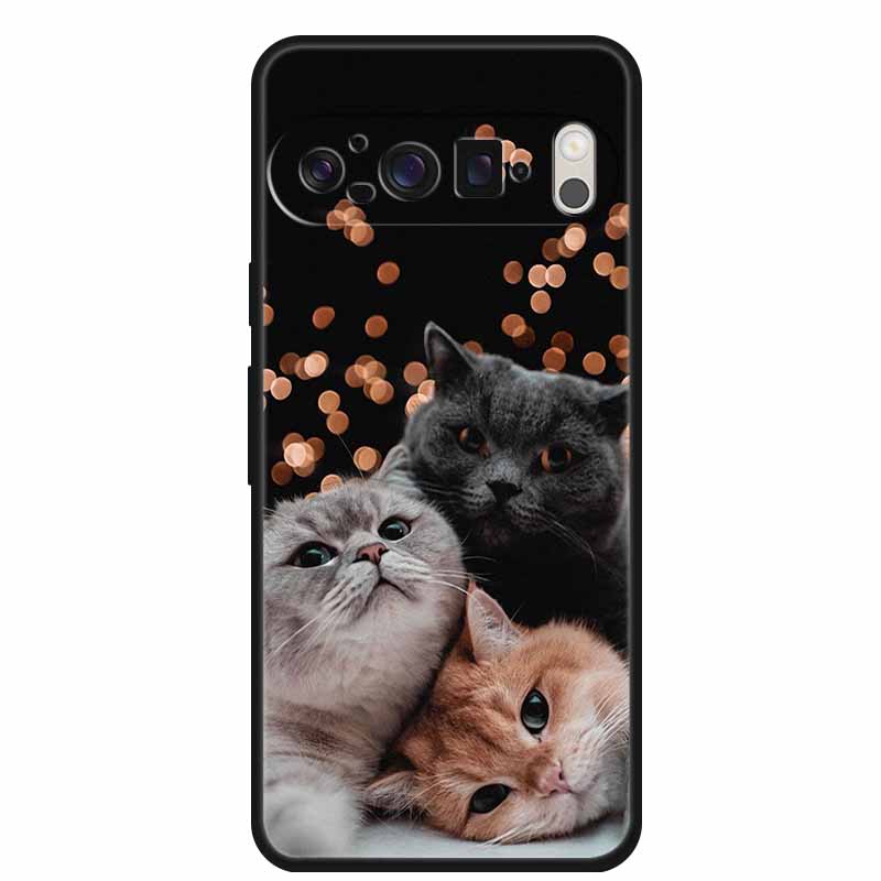 For Google Pixel 10 Pro XL 5G Case Lovely Cat TPU Black Soft Silicone Back Cover Flowers Shockproof Bumper Coque 6.8" Phone Case