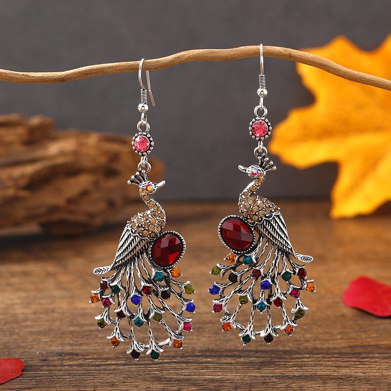 Vintage Ethnic Colroful Rhinestone Peacock Dangle Earrings For Women Long Classic Silver Color Animal Earrings Female Jewelry