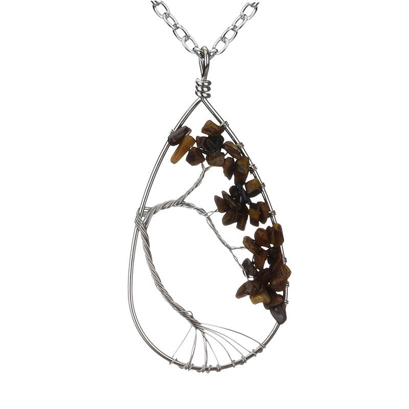 Handmade Silver Wrapped Copper Wire Crushed Stone Tree of Life Necklace, Water Drop Natural Stone Design, Bent Tree of Life Necklace N28.