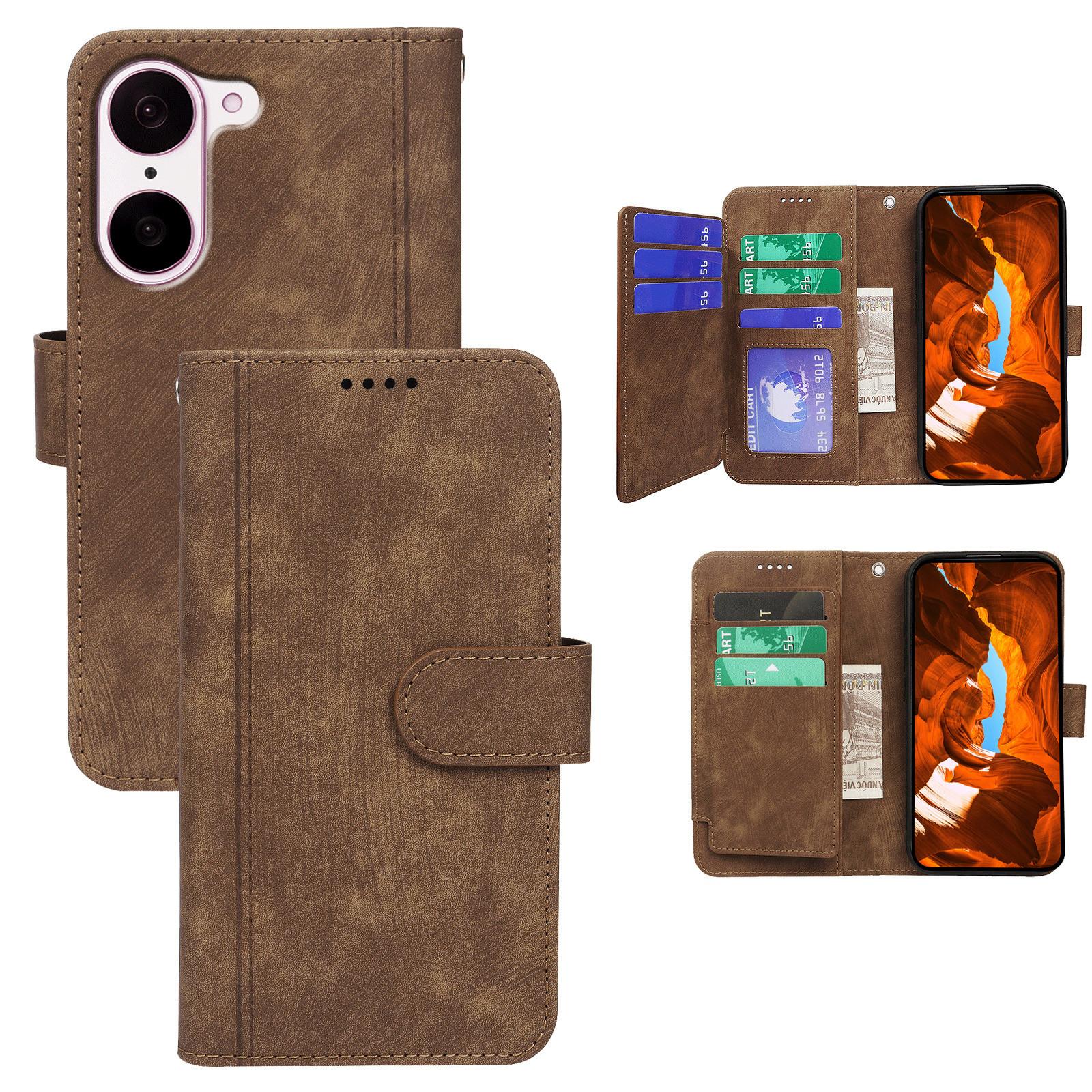 

For OnePlus Nord CE5 5G/Ace 5 Racing 5G Leather Case Line Pattern Wallet Phone Cover with 9 Card Slots Brown