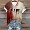 Halloween Blood Shirt Digital Print Blood Stains Text Tee Shirt Women V-neck Tops Casual