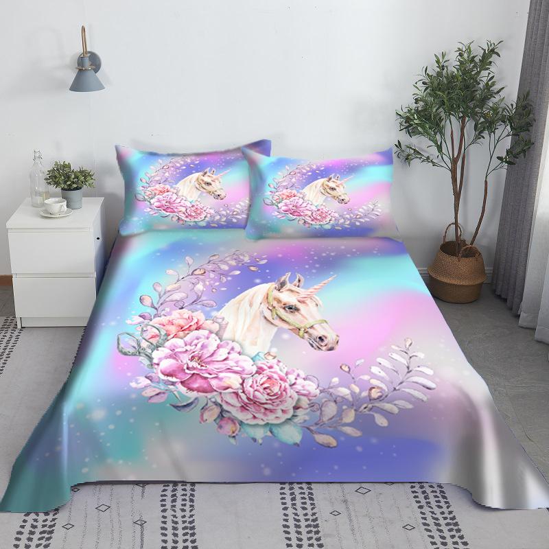 Pink Unicorn Sheet 3D Printed Cartoon Polyester Bed Flat Sheet With Pillowcase Kids Girls Children Bedding Gift