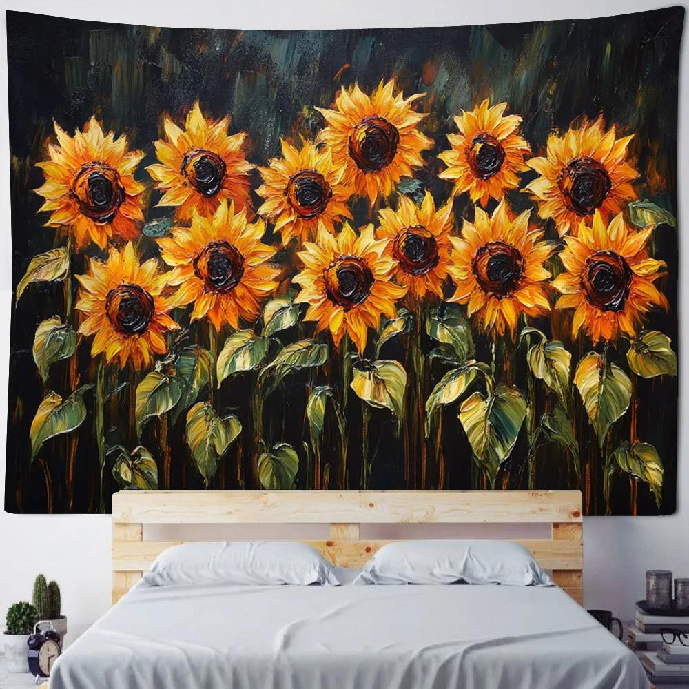 Sunflower Oil Painting Tapestry - Living Room Wall Hanging Art Music Party Background Aesthetic Home Decor