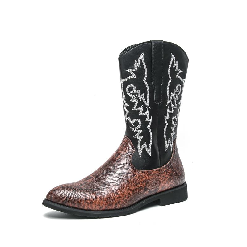Fashion High Quality Snake Skin Pattern Pointed Side Zipper High Top Boots for Autumn Comfortable Embroidered Western Style Denim Boots