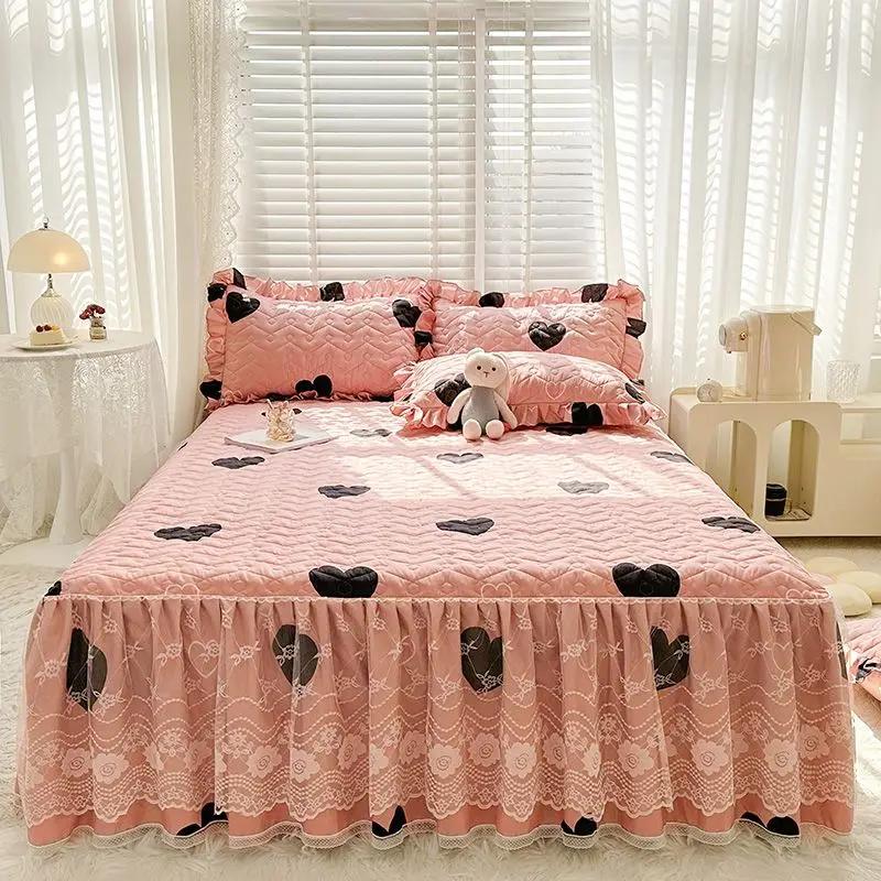 Bawełniana i lniana falbanka na ramę łóżka z nadrukiem trzyczęściowy zestaw gradientowa pikowana koronkowa narzuta antypoślizgowa pyłoszczelna pościel prześcieradła