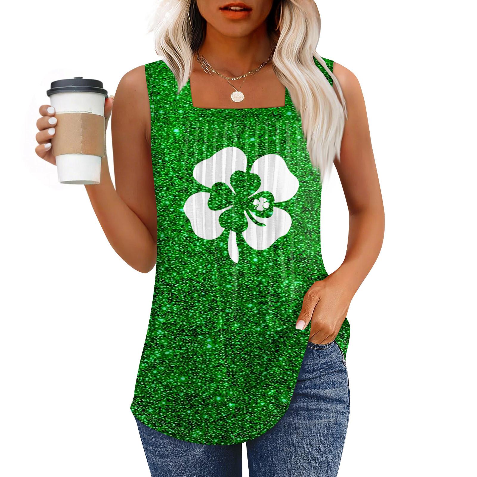 

Майка для женщин летние наряды без рукавов St. Блузки с принтом ко Дню Святого Патрика, свободные рубашки в складку, квадратный вырез M зелёный