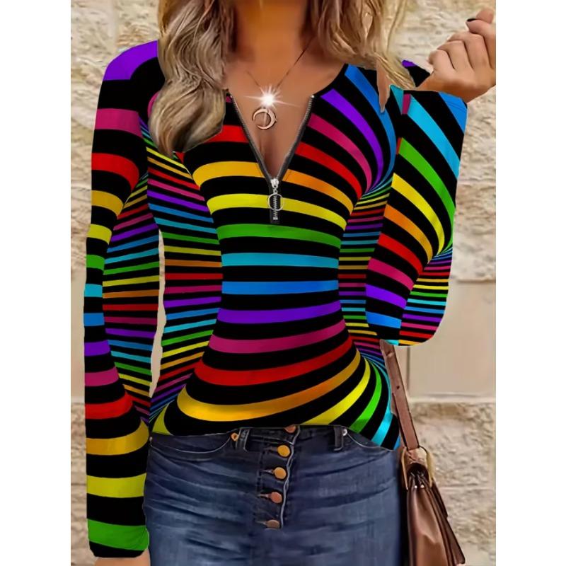 Women's Elegant Printed Zipper Long-sleeved Top, Stylish and Versatile for Autumn and Winter Casual and Office Wear, Machine Washable