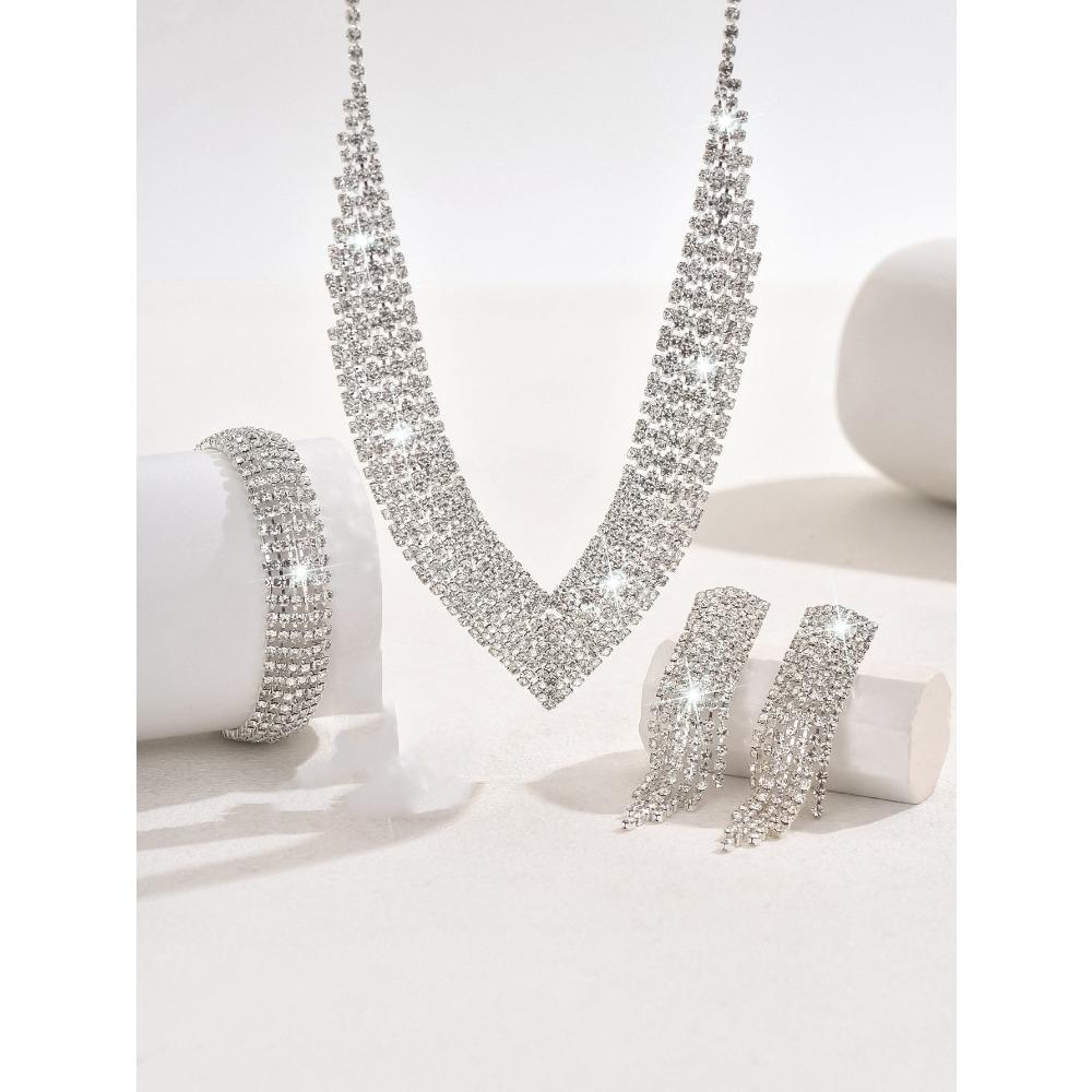 Premium Design Full Diamond Super Flash Necklace, Tassel Earrings, Bracelet, Ring Set Bridal Jewelry Set