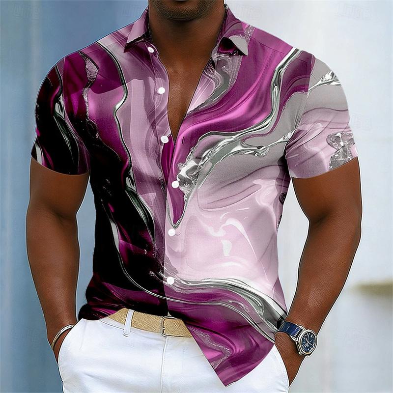Men's color-blocked shirt, 3D digital print short-sleeved shirt, loose fit for summer, comfortable beach vacation casual shirt.