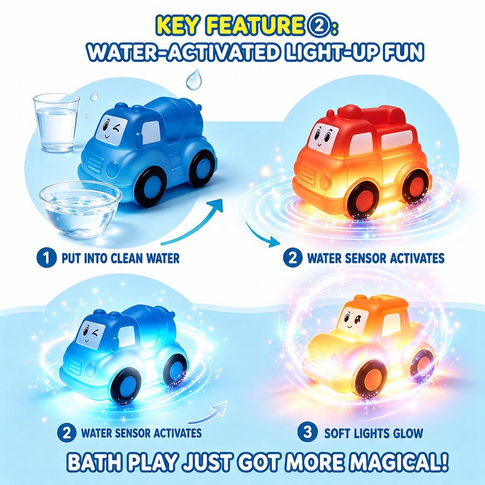 Light Up Car Playset Bath Toys LED Sensory Soft Vinyl Floating Water Play Toys for Bathtub & Pool Toddler Toys for 3 4 5 Years
