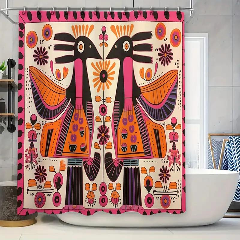 Vibrant Folk Art Shower Curtain - Colorful Bird & Floral Designs for Unique Bathroom Décor, Waterproof, Easy Care & Joyful