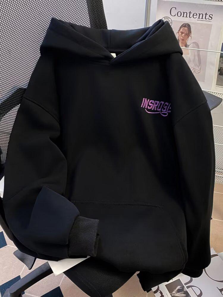 Heavyweight Men's Embroidered Letter Hooded Sweatshirt - Plush Velvet, Loose Fit, Casual Autumn/Winter Outerwear