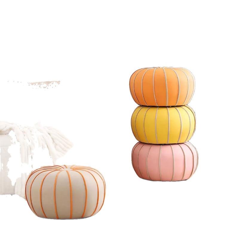 Leather Low Stool Luxury Pumpkin-Shaped Ottoman Cute Round Footrest for Living Room Sofa Shoe Changing Entryway Decor