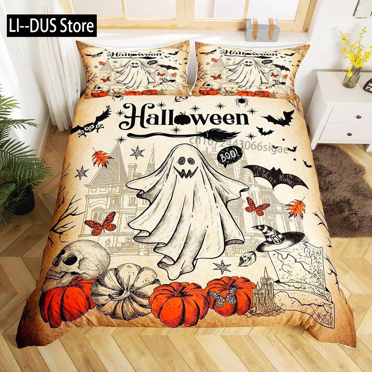 

3/4PCS Pink Spooky Pastel Pumpkin Bedding Set Spooky Pastel Halloween Spooky Ghosts Washed Cotton Duvet Cover Or Pillowcase EU single(135x200cm)