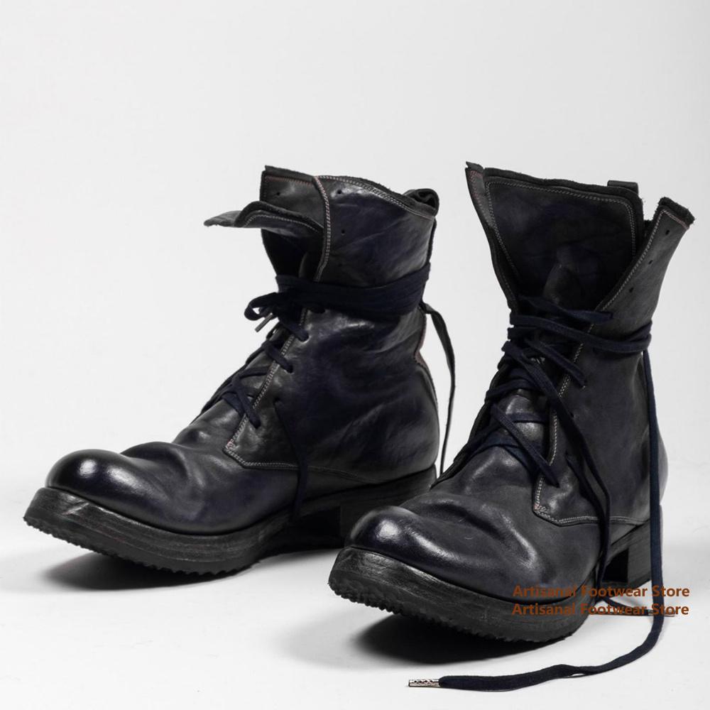 Μποτάκια Ανδρικά Ψηλά με Λουράκια Μαύρο Δέρμα Δέσιμο με Κορδόνια Μποτάκια Μοτοσικλέτας Χοντρά Τακούνια Αυξητικού Ύψους Ανδρικά Παπούτσια Μοντέρνα Μποτάκια